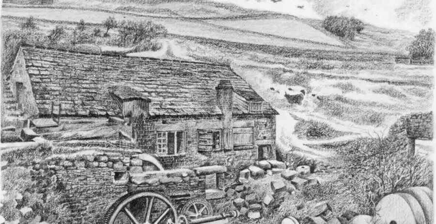 Hinde Wheel, Rivelin. Drawing by artist Arthur Chattle (undated). Courtesy of M. Chattle.