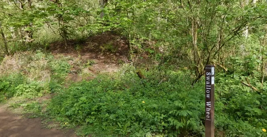The Swallow Wheel marker post is located below the mill dam wall, where the grinding hull used to be. Photo: Sue Shaw, May 2016.
