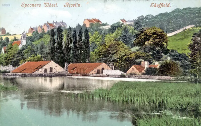 riv_sw_03 Spooners Wheel and mill dam (undated). St. Michael’s Mortuary Chapel, Rivelin Glen Cemetery is behind, to the left.
Sheffield City Council, Libraries Archives