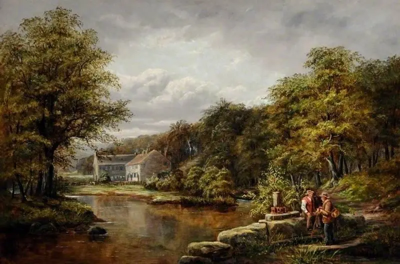 New Dam inlet and shuttle, with Roscoe Wheel and cottages behind. Painting by G. Hattersley Pearson (1858–1937). Rotherham Heritage Services.