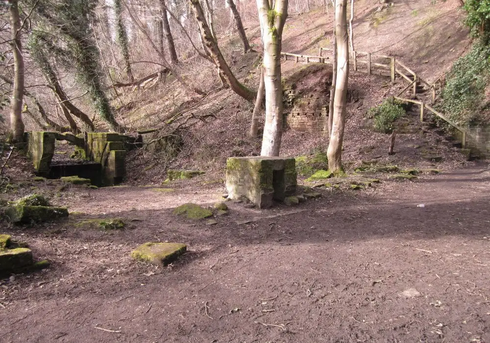 The site of Roscoe Wheel, including the remains of the wheel-pit and arch. The steps behind mark the footpath up through Roscoe Plantation to Roscoe Bank.[Photo: Sue Shaw, March 2015]