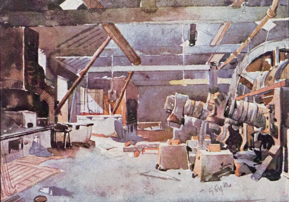 walkley_03 Interior of Walkley Bank Tilt, showing the tilt hammers. Watercolour by Godfrey Sykes (1824–1866). Courtesy of Museums Sheffield.