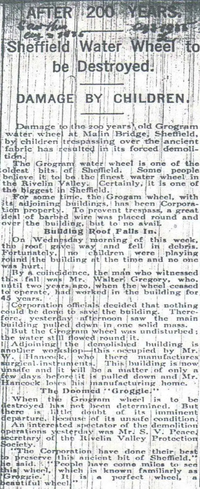 Article from the Sheffield Star newspaper dated August 1935, describing the demolition of Grogram Wheel.