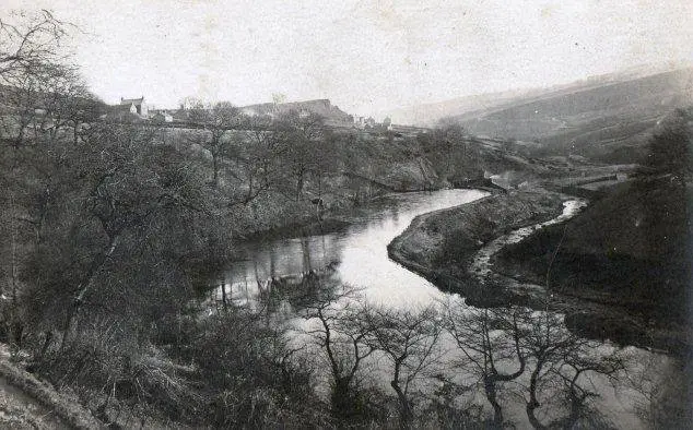 Wolf Wheel mill dam, with buildings at the far end and River Rivelin below (to the right) (c. 1900). From the RVCG collection.