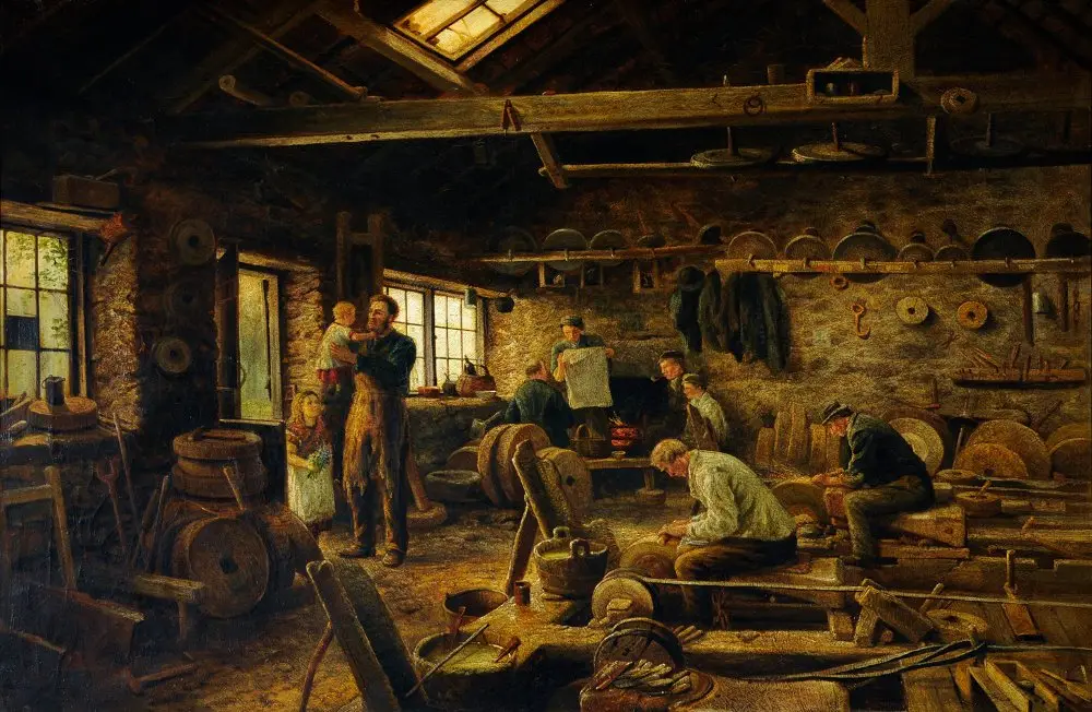 holme_02 Interior of Holme Head Wheel, Rivelin Valley, Sheffield. Painting by Joseph Wrightson MacIntyre; oil on canvas, 1879. Courtesy of Museums Sheffield. This painting gives an excellent insight into working conditions in a grinding workshop in the mid-19th century.