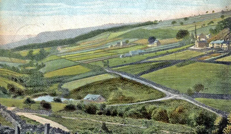 View of Rivelin valley in about 1900, looking south-west, prior to construction of Rivelin Valley Road. Hind Wheel building and mill dam are in the foreground; Rivelin Hotel can be seen top right. Sheffield City Council, Libraries Archives Information: www.picturesheffield.com Image s12144