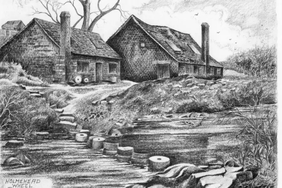 Holmehead Wheel Rivelin drawing Chattle Holmehead Wheel, Rivelin. Drawing by artist Arthur Chattle (undated). Courtesy of M. Chattle.