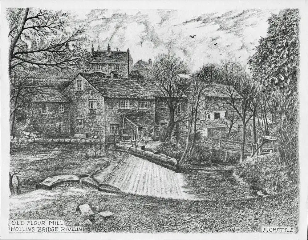 Drawing of Hollins Bridge Mill by Mr A. Chattle (undated). The weir was built in the early 20th century when the course of the river was changed. Courtesy of M. Chattle.