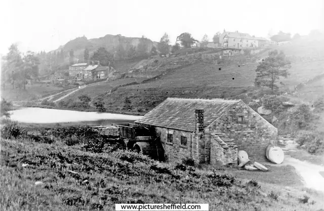 riv_nc_02 Nether Cut Wheel (New Wheel), Rivelin Valley. Rivelin cottages and Rivelin Glen United Methodist Church on hill, in background. Sheffield City Council, Libraries Archives Image y01447.