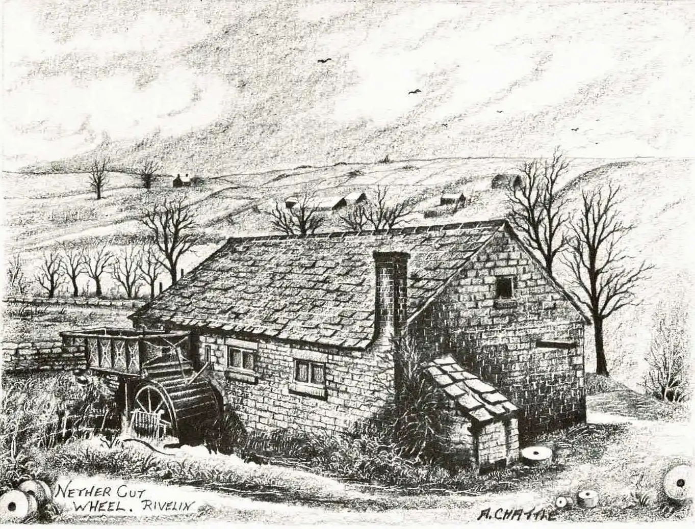 Nether Cut Wheel Rivelin_Chattle Drawing of Nether Cut Wheel in Rivelin Valley by Arthur Chattle