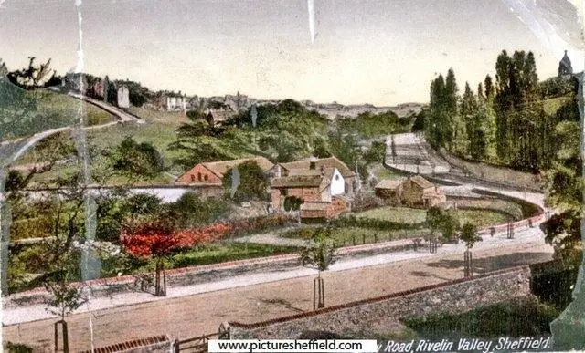 riv_spooners_hist_07 View across Rivelin Valley Road towards Spooners Wheel (centre-left), in the early 20th century. Sheffield City Council, Libraries Archives
