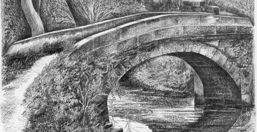 Pack horse bridge Rivelin drawing Dumont Pack horse bridge near to Uppercut Wheel, Rivelin. Drawing by artist Dumont (1949?).
