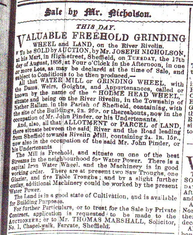 Holme Head sale 1858 Newspaper notice of the sale by auction of Holme Head Wheel and land in 1858.